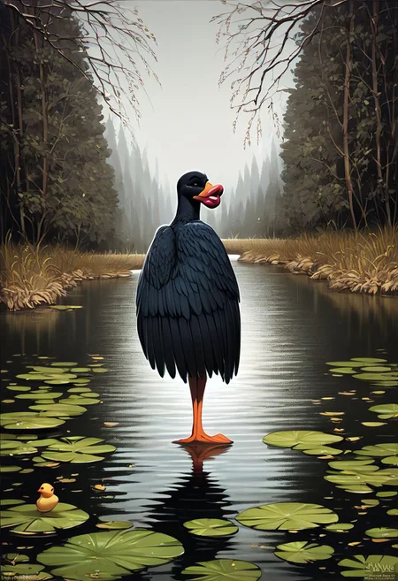 score_9, score_8_up, score_7_up, score_6_up, score_5_up, score_4_up, rating_safe,tpdne,source_cartoon,no humans,duck,bird,thick lips,wings,standing,solo.outdoors,pond,animal focus