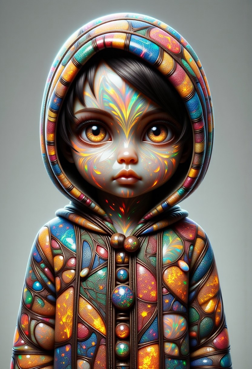 A childlike humanoid with pale, translucent skin and glowing veins, wearing a patchwork cloak adorned with shimmering leaves and trinkets