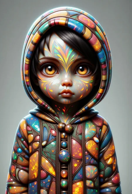 A childlike humanoid with pale, translucent skin and glowing veins, wearing a patchwork cloak adorned with shimmering leaves and trinkets