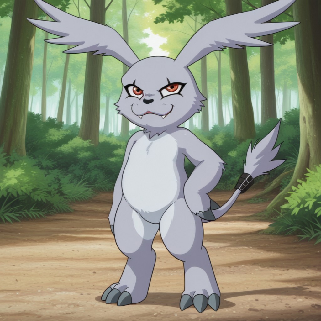masterpiece, best quality, amazing quality, masterpiece, best quality, amazing quality, GazimonDmil, semi-anthro, Gazimon, grey fur, red eyes, long ears, tail, claws, fangs, tail tuft, black tail bands, outside, hand on hip, forest