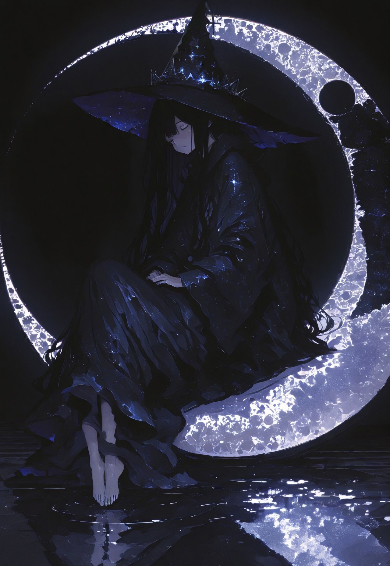 (masterpiece, top quality, best quality, official art, beautiful and aesthetic:1.2), (1girl:1.4), extreme detailed, A witch sitting on a crescent moon, witch robe, witch hat, surreal, 748cmstyle, re4lity_sync_illu,