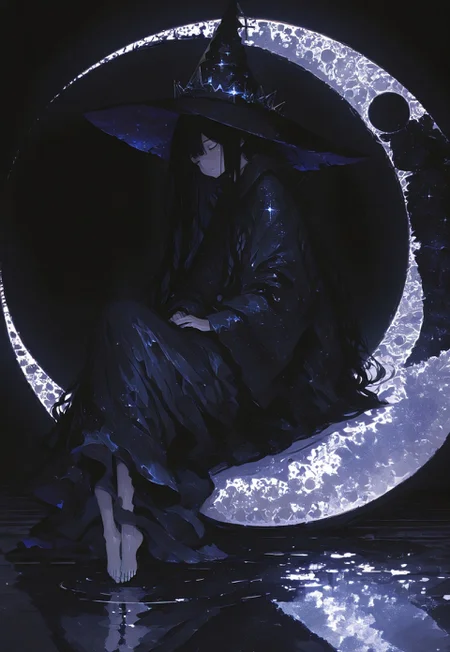 (masterpiece, top quality, best quality, official art, beautiful and aesthetic:1.2), (1girl:1.4), extreme detailed, A witch sitting on a crescent moon, witch robe, witch hat, surreal, 748cmstyle, re4lity_sync_illu,
