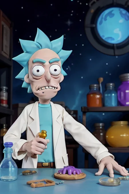 1man, (80's anime style), <lora:rickSanchezLora_v10:0.4> Rick Sanchez, claymation working as alchemist in a lab, holding a vial, countertop, eyes closed