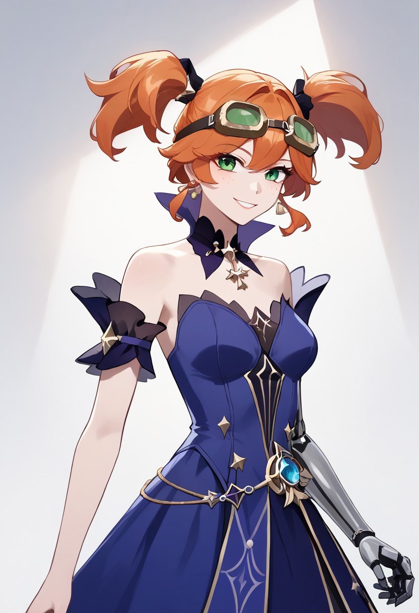 safe_pos, score_9, score_8_up, score_7_up, source_anime,
 solo, gaigebl2, orange hair, twintails, short twintails, single mechanical arm, freckles, medium breasts, green eyes, goggles,
Smirk, 
<lora:gaigebl2-guy-v1PONYXL:1>

dress, <lora:srrobin.pony:1>