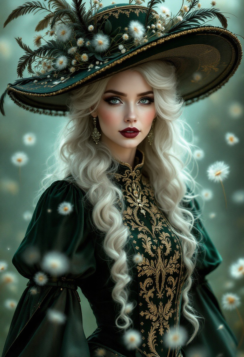 A highly detailed, photorealistic portrait of an elegant woman in a fantasy-inspired Victorian-style outfit. She wears a dark green high-necked dress with intricate golden embroidery, fitting her form closely and flowing gracefully. Her long, platinum blonde hair cascades in soft, flowing waves beneath an extravagant wide-brimmed hat adorned with delicate feathers, flowers, and floating dandelion seeds. Her makeup is dramatic, with dark, seductive lipstick and a slight, mysterious smile. The background is soft and ethereal, with a blend of teal and green tones, creating a dreamy, enchanting atmosphere as dandelion seeds float gently around her. The lighting softly illuminates her face and hat, casting a warm, magical glow that enhances her mystical allure
very detailed eyes