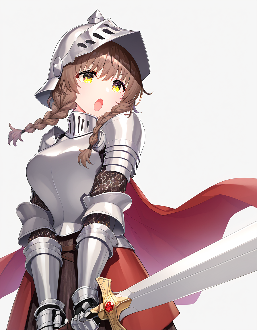 masterpiece, best quality, newest, absurdres, highres, safe,, <lora:suzuha-amane-ingame-ponyxl-lora-nochekaiser:1>, suzuha amane, bangs, brown hair, yellow eyes, braid, twin braids, mature female, medium breasts, <lora:sunrise-stance-illustriousxl-lora-nochekaiser:1>, sunrise stance, weapon, sword, solo, open mouth, holding weapon, holding, holding sword, <lora:knight-ponyxl-lora-nochekaiser:1>, knight, armor, cape, shoulder armor, gauntlets, helmet, pauldrons, red cape,, ,