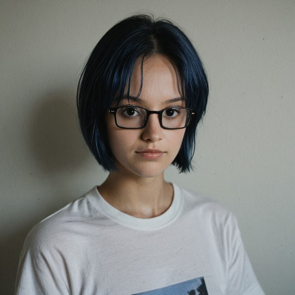 TashigiOnePiece, 1girl, solo, female focus, black eyes, glasses, black hair, blue hair, short hair, bob cut, parted hair, two-tone hair, bangs, t-shirt, portrait, masterpiece, score_9, score_8_up, photorealism,