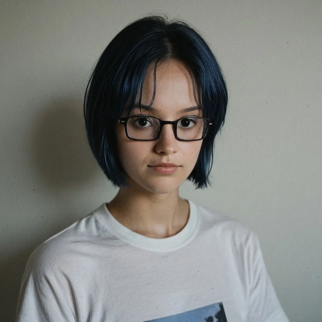 TashigiOnePiece, 1girl, solo, female focus, black eyes, glasses, black hair, blue hair, short hair, bob cut, parted hair, two-tone hair, bangs, t-shirt, portrait, masterpiece, score_9, score_8_up, photorealism,
