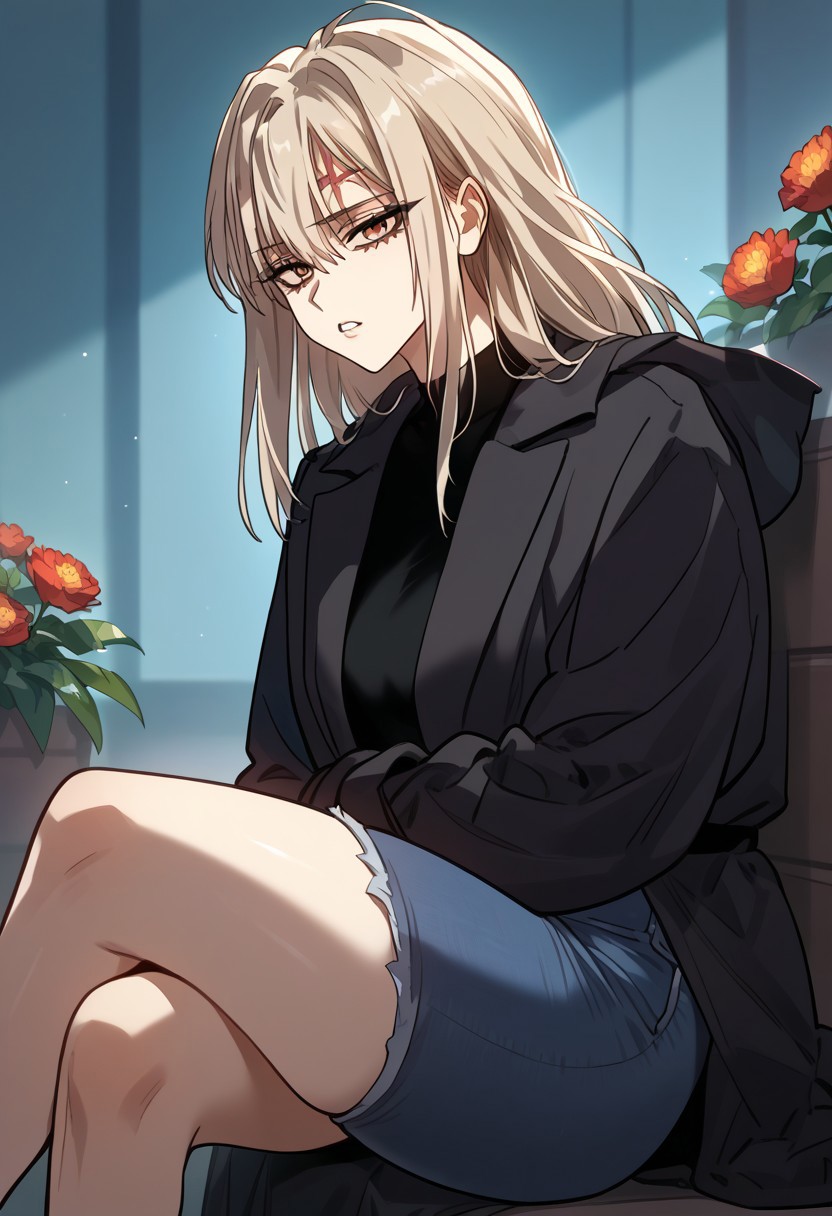 zPDXL3, score_9_up, score_8_up, score_7_up, (Anime_source), 1girl, Rachel, scar on head, brown eyes, light blonde hair, long hair, jeans, jacket, sitting, flowers, from side, crossed leg, cowboy shot, looking at viewer, parted lips