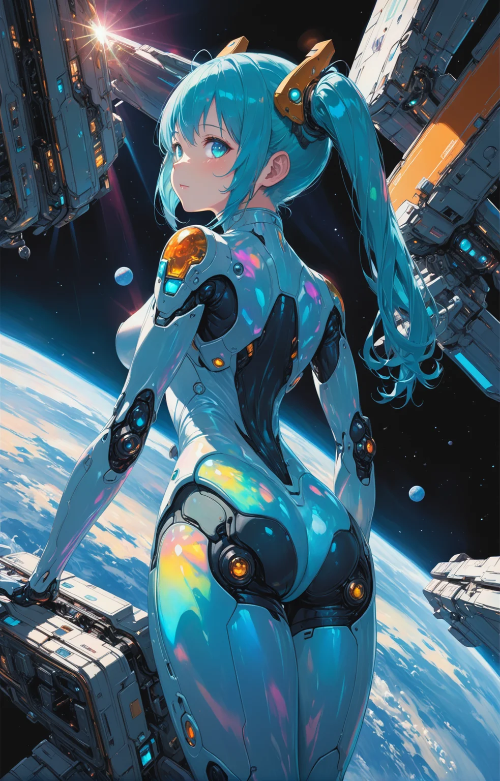 <lora:IOS_Iridescent_opal_style:0.6>, racing miku, [woman:robot joints:0.6], [armpits:mecha:0.5], [evangelion:cyberpunk edgerunners:0.5], [lens flare:opal:06], intricate detail, cinematic lighting, amazing quality, amazing shading, reflective transparent iridescent opaque plugsuit, long transparent iridescent RGB hair, absurdly long hair, twintails, Detailed Illustration, official artwork, wallpaper, official art, extremely detailed eyes and face, beautiful detailed eyes, On a space station, zero gravity, floating, John_Berkey, ((masterpiece, best quality)), ((from behind, looking back at viewer)), upper body, (thigh gap), ass visible through thighs, leaning, sachin teng