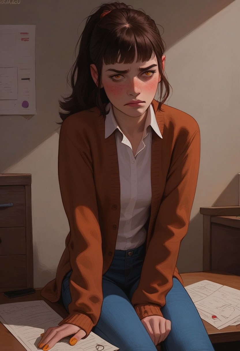 score_9, score_8_up, score_8, very detailed and realistic, 1girl, polish, realistic body, fair skin, very detailed and realistic face, cute face, hazel eyes, small breasts, brunette, ponytail haircut, bangs, average body, (wearing blue jeans, brown cardigan), mildly disgusted look, emotional tension, blushing heavily, very horny, embarrassed, sitting at a desk, writing in her diary, BREAK, in apartment, afternoon, golden light