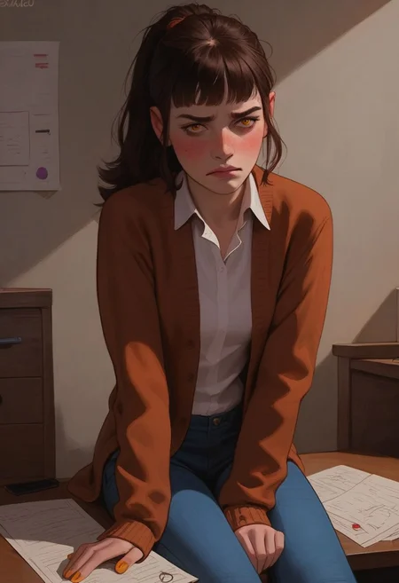 score_9, score_8_up, score_8, very detailed and realistic, 1girl, polish, realistic body, fair skin, very detailed and realistic face, cute face, hazel eyes, small breasts, brunette, ponytail haircut, bangs, average body, (wearing blue jeans, brown cardigan), mildly disgusted look, emotional tension, blushing heavily, very horny, embarrassed, sitting at a desk, writing in her diary, BREAK, in apartment, afternoon, golden light