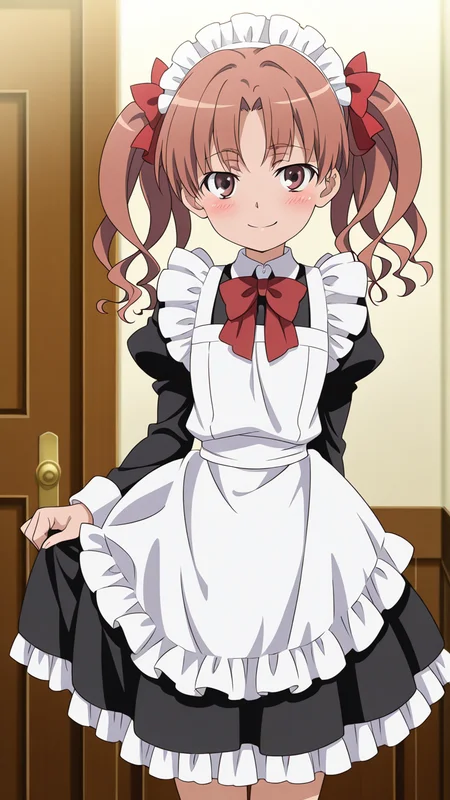 solo, smile, blush,, masterpiece, best quality, amazing quality, very aesthetic, absurdres, newest, anime screencap, <lora:shiraikurokoILM:1>, shirai kuroko, twintails, brown hair, red bow, hair bow, hair ribbon, long hair, wavy hair, brown eyes,, maid, maid apron, frills, frilled dress, black dress, maid headdress, modern house,