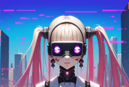 (score_9, score_8_up, score_7_up), anime, multiple_girls, postcard, cyborg, twintails, human face, pale skin, porcelain white face, (vr headset covering eyes:1.1), alternate costume, futuristic, pinafore_dress, outdoors, ultra-detailed, smooth_texture, glossy_texture, intricate_details, foreground, background, middle_ground, [layered_composition], closeup, ar-glitch, glitch, tmnh <lora:Glitch:1> <lora:Tsutomu_Nihei_Blame_Style:1>