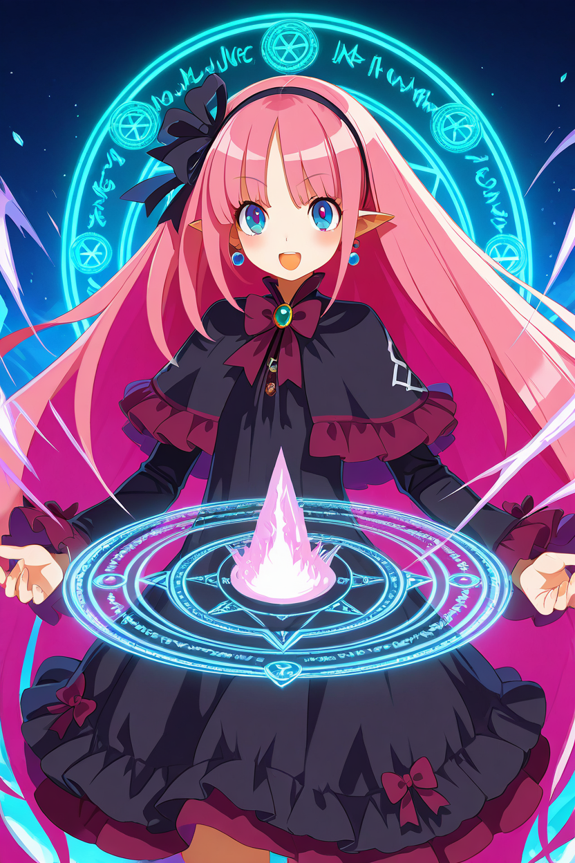 masterpiece, best quality,    Red Mage, 1girl, solo, long hair, smile, open mouth, simple background, long sleeves, dress, bow, ribbon, jewelry, very long hair, pink hair, hairband, earrings, pointy ears, black footwear, black dress, capelet, black capelet,   magic, magic circle, cowboy shot,    smile, looking at viewer,    ,<lora:HaradaTakehitoIXL_v3:1.2>,