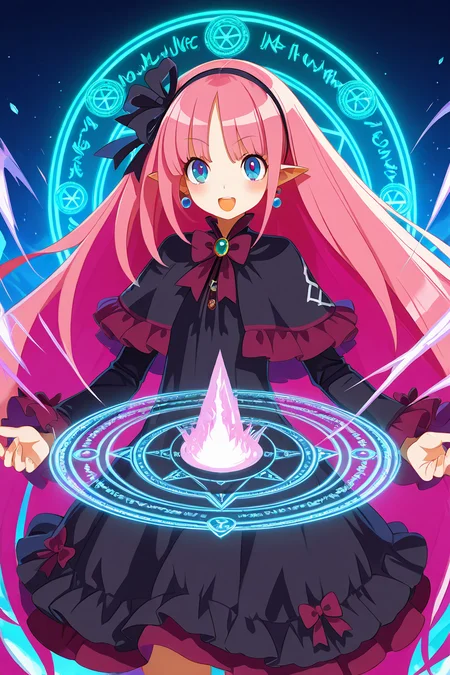 masterpiece, best quality,    Red Mage, 1girl, solo, long hair, smile, open mouth, simple background, long sleeves, dress, bow, ribbon, jewelry, very long hair, pink hair, hairband, earrings, pointy ears, black footwear, black dress, capelet, black capelet,   magic, magic circle, cowboy shot,    smile, looking at viewer,    ,<lora:HaradaTakehitoIXL_v3:1.2>,