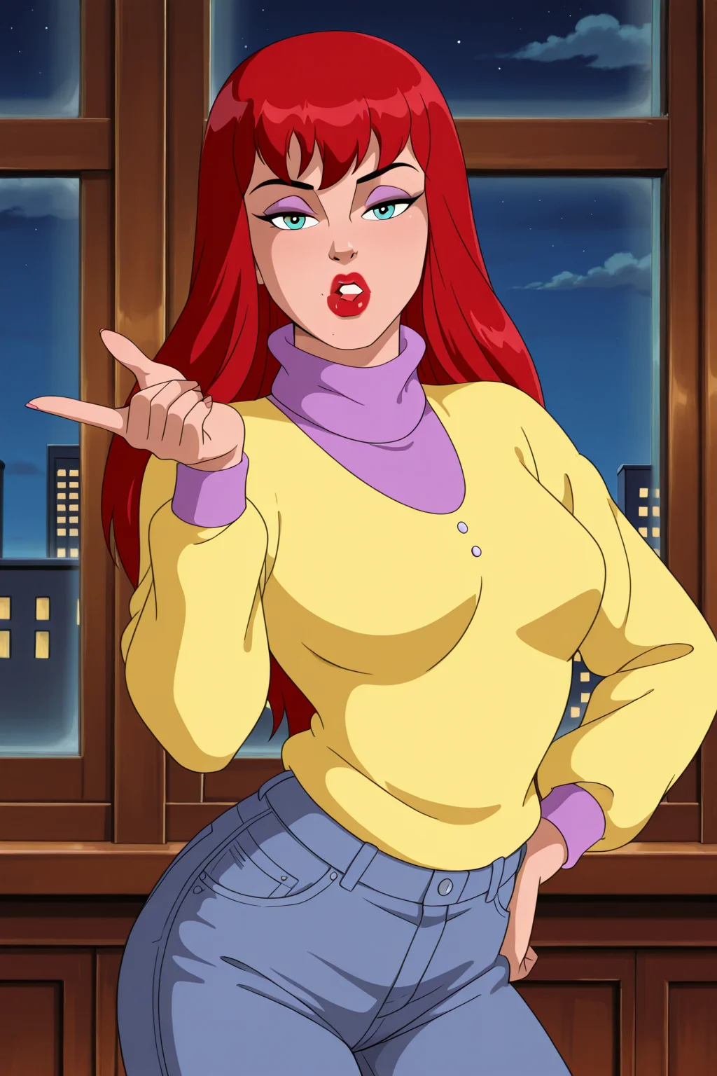 (((retro artstyle, parody)), perfect anatomy, perfect eyes, cowboy shot, facing viewer) BREAK <lora:MJ90sIL:1> mary jane watson, long hair, red hair, makeup, lipstick, blue eyes, red lips, sultry eyes, naughty face, puckered lips ((looking at viewer)), turtleneck, sweater, long sleeves, denim, pants, arched back, model pose, teasing viewer, hand on hip, blowing a kiss, night, indoors