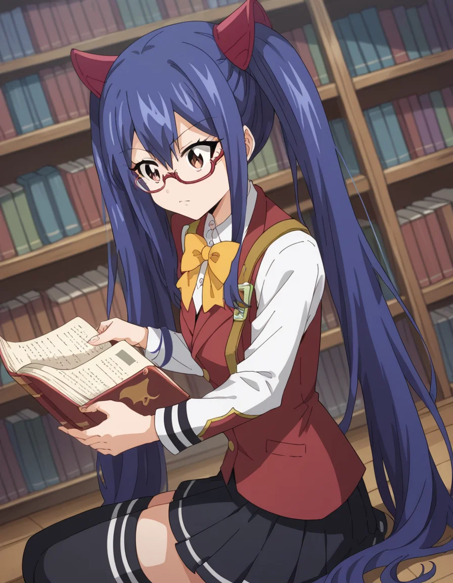 score_9, score_8_up, score_7_up, source_anime, <lora:wendy-marvell-100yq-ponyxl-lora-nochekaiser:1>, wendy marvell, long hair, hair ornament, ribbon, hair between eyes, twintails, brown eyes, very long hair, blue hair,, skirt, thighhighs, bow, ribbon, pleated skirt, black thighhighs, bowtie, black skirt, zettai ryouiki, yellow bow, yellow ribbon, library, reading books, glasses, quiet, focused, shelves of books, , , from side, solo,, dutch angle,