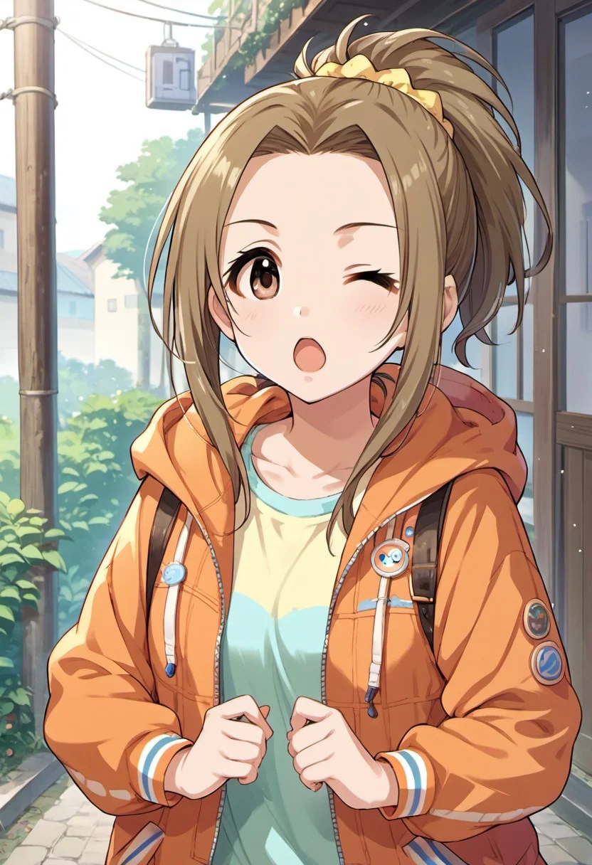 score_9, score_8_up, score_7_up, source_anime, manabe itsuki, brown hair, brown eyes, ponytail, 1girl, solo, open mouth, one eye closed, hood, scrunchie, long hair, looking at viewer, hair ornament, jacket