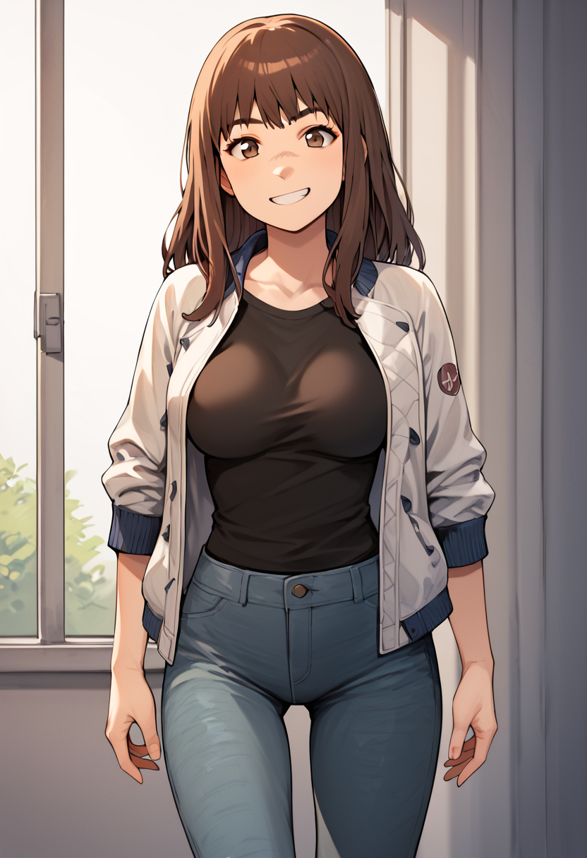 score_9, score_8_up, 1girl, breasts, brown eyes, pants, smile, solo <lora:kiruko:1> kiruko