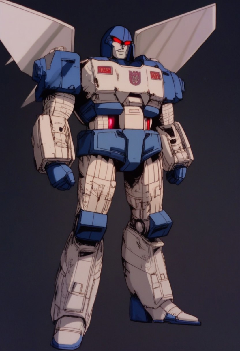 score_9, score_8_up, score_7_up, animation, transformers, 1boy, robot, Decepticon, Tall, bulky, Seeker, glowing eyes, red eyes, large eyes, circular eyes, Black armor, Forard swept wings, transforms into futuristic Stelth Mig Fighter Jet, full body, cowboy shot, smiling, holding null ray blasters, Decepticon Symbol