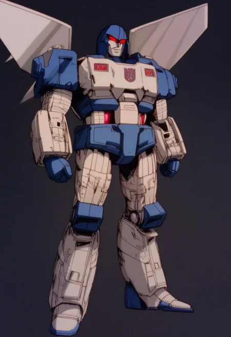 score_9, score_8_up, score_7_up, animation, transformers, 1boy, robot, Decepticon, Tall, bulky, Seeker, glowing eyes, red eyes, large eyes, circular eyes, Black armor, Forard swept wings, transforms into futuristic Stelth Mig Fighter Jet, full body, cowboy shot, smiling, holding null ray blasters, Decepticon Symbol
