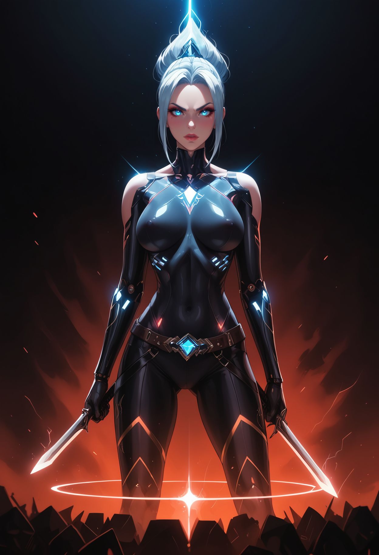 zPDXL3,  hyper-realistic, 8K resolutio, cinematic lighting, professional photography, ray tracing, volumetric lighting, photorealism, post-processing techniques, depth of field, ambient occlusion BREAK
fierce female cyber-warrior, translucent, self-illuminating, nano-cubes, brilliant azure-white light, fierce eyes, cybernetic enhanced eyes, high cheekbones, impossible bodysuit, intricate panels, holographic displays, pulsing energy conduits, holding plasma-edged cyber-sword. dark background, rim lighting, atmospheric depth, Final Fantasy artistic style, particle effects, energy wisps, fighting stance, dramatic angle
<lora:g0th1cPXL:0.35>  <lora:princess_xl_v2:0.7> <lora:T-Rex_Studio_Style_v2.0:0.7> <lora:incase-ilff-v3-4:0.45>