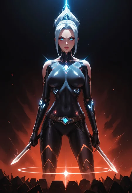 zPDXL3,  hyper-realistic, 8K resolutio, cinematic lighting, professional photography, ray tracing, volumetric lighting, photorealism, post-processing techniques, depth of field, ambient occlusion BREAK
fierce female cyber-warrior, translucent, self-illuminating, nano-cubes, brilliant azure-white light, fierce eyes, cybernetic enhanced eyes, high cheekbones, impossible bodysuit, intricate panels, holographic displays, pulsing energy conduits, holding plasma-edged cyber-sword. dark background, rim lighting, atmospheric depth, Final Fantasy artistic style, particle effects, energy wisps, fighting stance, dramatic angle
<lora:g0th1cPXL:0.35>  <lora:princess_xl_v2:0.7> <lora:T-Rex_Studio_Style_v2.0:0.7> <lora:incase-ilff-v3-4:0.45>