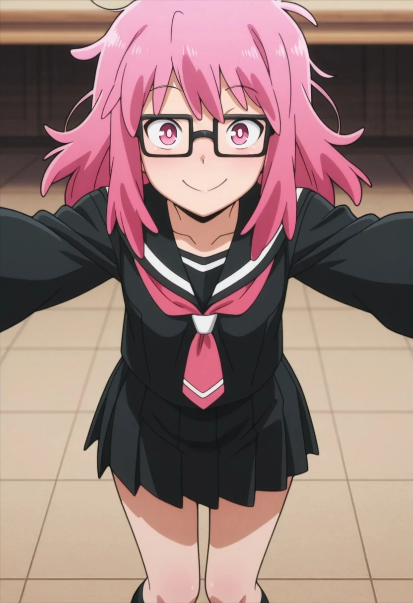 Masterpiece , best quality , amazing quality , anime screencap , a girl ,popstep
pink eyes , pink hair, medium hair
messy hair , long hair , square glasses , serafuku , black shirt , black pleated skirt , looking at viewer , smile , dynamic pose