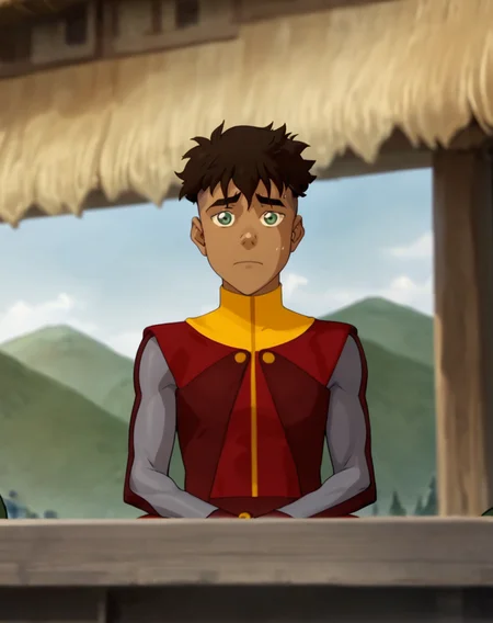 score_9,score_8_up,score_7_up, <lora:Kai:0.8>, 1boy, Kai, brown hair, undercut, green eyes, dark skin, airbender costume, sitting, nervous, looking at viewer, outdoors, official art, official style,