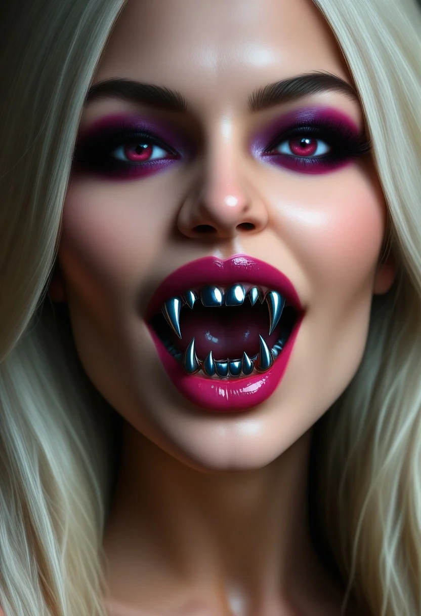 concept art, realistic, 1girl, ((solo:1.8)), 18 years old.
Gorgeous sexy female. Beautiful feminine face,
Sexy makeup, VampFang, Fangs. Metal Fangs