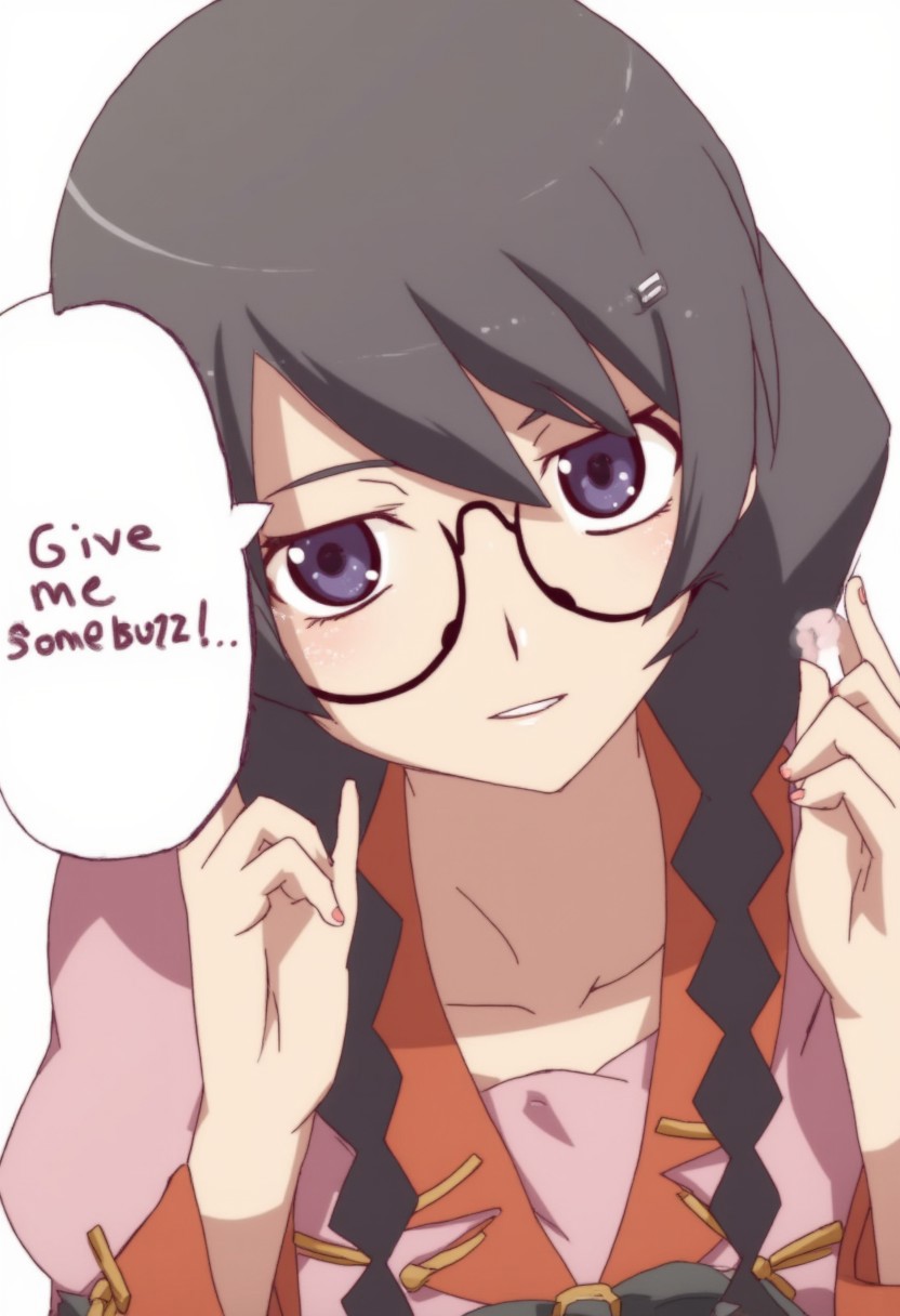 Tsubasa Hanekawa, a girl with round glasses, purple eyes, twin braids, and black hair, wearing Naoetsu High School uniform.
There is a text bubble saying “Give me some buzz"