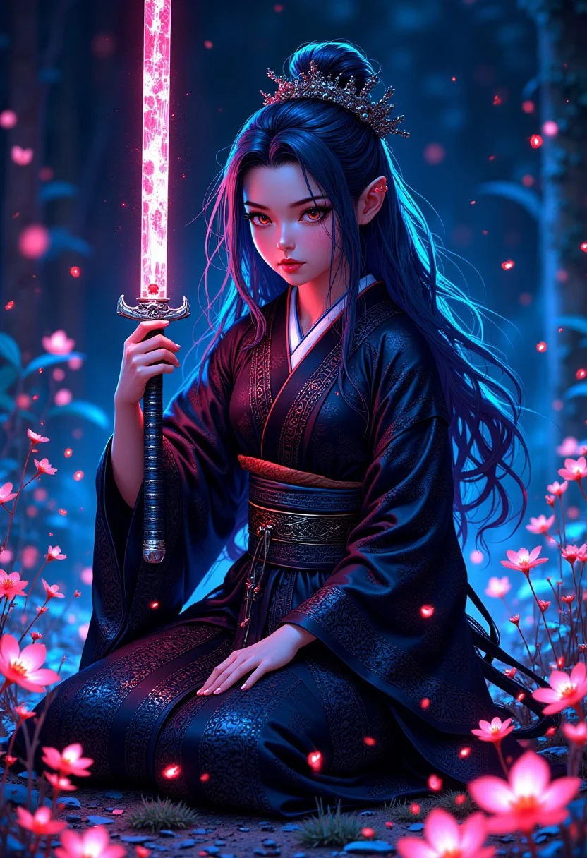 Best quality, neon light, a beautiful girl wearing intricate detailed black kimono holding an iridescence glowing katana, made of liquid metal, in a fantasy art style, with long dark blue hair, sitting on the ground covered in bioluminescence floral, with a highly detailed face and beautiful eyes <lora:FluxMythP0rtr4itStyle:1> mythp0rt