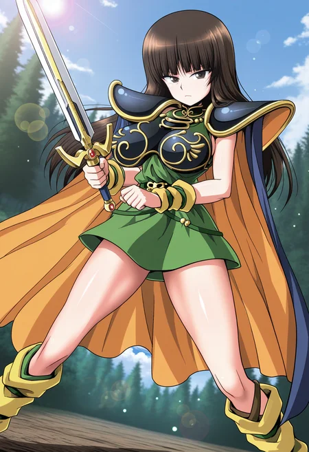 masterpiece, best quality, good quality, <lora:KShiho style:1>, KShiho style, nishizumi shiho, mature female, 1girl, brown hair, long hair, blunt bangs, brown eyes, large breasts,
deedlit \(cosplay\), blue shoulder armor, armored dress, yellow wristband, blue breastplate, green dress, sleeveless, blue cape, belt, yellow boots,
looking at viewer, serious, holding sword, legs apart,
fighting stance, dutch angle,
BREAK, outdoors, nature, forest, light rays, blue sky, cloud, bokeh, light particles, lens flare,
