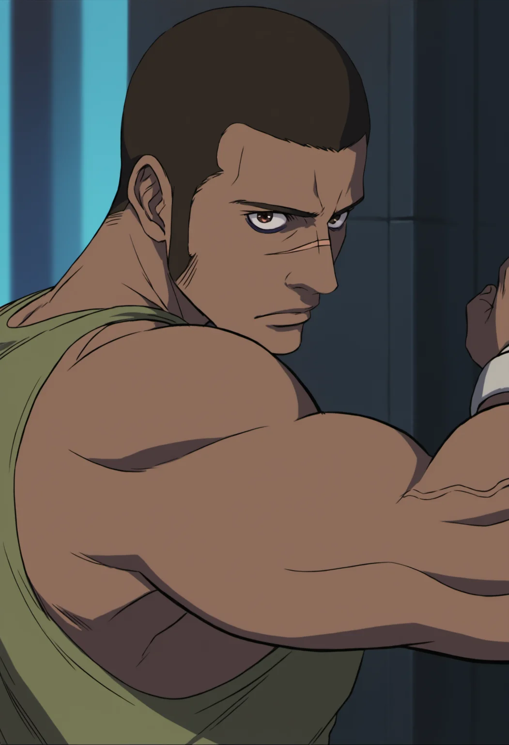 1boy, paul_darker, black eyes, dark skinned, buzz haircut, brown eyes, scar across nose, dark brown hair, long sideburns, green tanktop, score_8_up, score_7_up, score_6_up, score_9, a muscular man at alley, night , building, face_focus,muscular,stocky body, (veiny arms),centered,looking at viewer, detailed eyes, 8k uhd, high quality, standing, rib cage