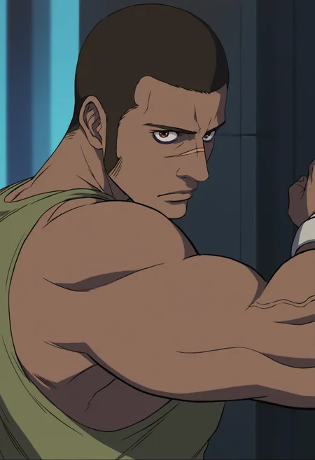 1boy, paul_darker, black eyes, dark skinned, buzz haircut, brown eyes, scar across nose, dark brown hair, long sideburns, green tanktop, score_8_up, score_7_up, score_6_up, score_9, a muscular man at alley, night , building, face_focus,muscular,stocky body, (veiny arms),centered,looking at viewer, detailed eyes, 8k uhd, high quality, standing, rib cage