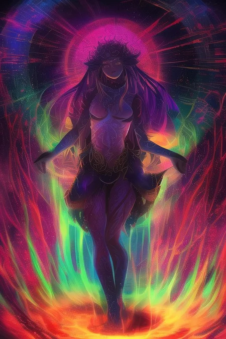 Ice-skinned girl dances in the snow, beats a tambourine. Arctic, The night sky with the aurora borealis (An image with very contrasting and vivid psychedelic colors) (OverallDetail, DaSa, psychedelic)