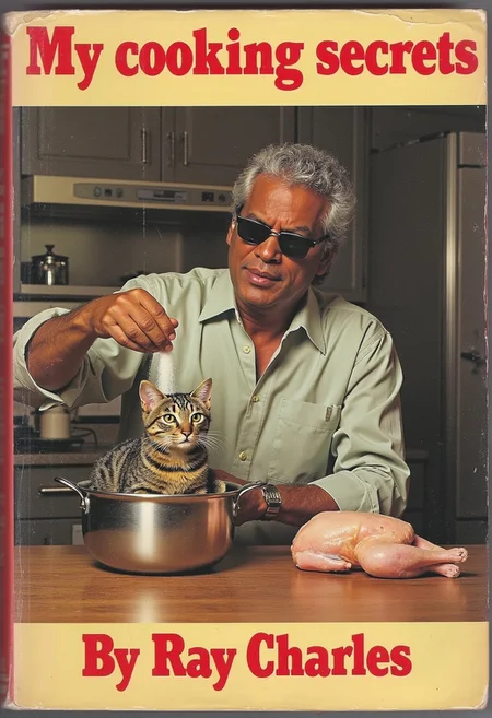 The image is a book cover of a older Black man wearing blind sunglasses, in a kitchen. He sprinkles salt on a cute cat in a pot. Next, on the counter, there is a frozen chicken. "My cooking secrets" written with big letters. "By Ray Charles" on the top left.