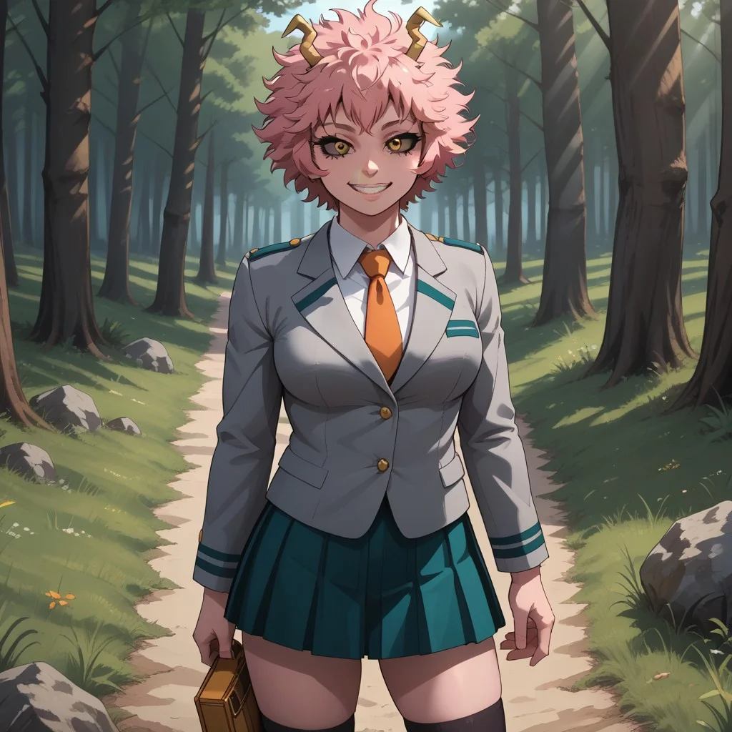 score_9, score_8, BREAK, solo, Mina_Ashido_(My_Hero_Academia), 1girl, pink skin, pink skin female, colored skin, pink hair, horns, yellow eyes, black sclera, colored sclera, grey jacket, pleated skirt, white shirt, necktie, black socks, brown shoes, self portrait, smile, looking at viewer, outdoors, sunlight, shadows, evening lighting, natural lighting, forest, trees, grass, orange sky, sunset