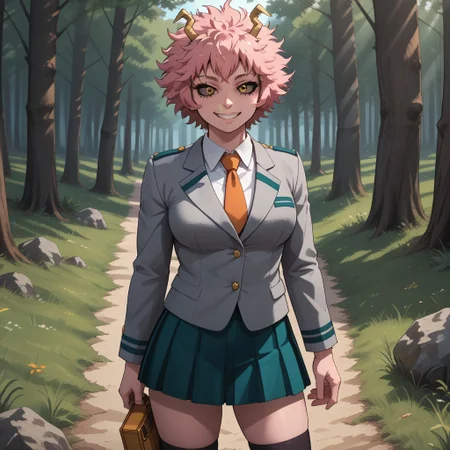 score_9, score_8, BREAK, solo, Mina_Ashido_(My_Hero_Academia), 1girl, pink skin, pink skin female, colored skin, pink hair, horns, yellow eyes, black sclera, colored sclera, grey jacket, pleated skirt, white shirt, necktie, black socks, brown shoes, self portrait, smile, looking at viewer, outdoors, sunlight, shadows, evening lighting, natural lighting, forest, trees, grass, orange sky, sunset