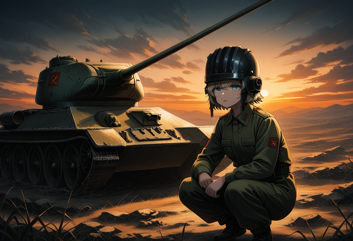 Graphic Design, color art, vibrant colors, colorful, intricate details, high contrast, detailed background, beautiful detailed, beautiful face, detailed eyes, detailed face, newest, new, 1girl, solo, cowboy shot, squatting, military outfit, jumpsuit, tank helmet, t3485, tank, military vehicle, battlefield, evening, sunset, cloudy, cinematic lighting, dark, 