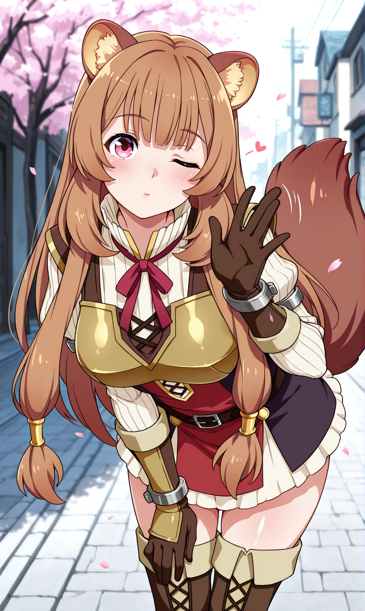 1girl, solo, masterpiece, best quality, amazing quality, street, cherry blossoms, shiny skin,  <lora:raphtalia_illust_scarxzys:1>, ,raphtalia, long hair, bangs, brown hair, animal ears, raccoon ears, raccoon tail, raccoon girl, pink eyes, long sleeves, sweater, ribbed sweater, puffy sleeves, breastplate, ribbon, red ribbon, gauntlets, glove, brown gloves, belt, skirt, armor, thigh boots, close-up, one eye closed, leaning forward, waving
