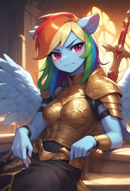 core_9, score_8_up, score_7_up, score_5_up, Rainbow Dash, anthro,   full armoe, pegasus wings, wearing intricate knight armor with a bold, sleek design, sitting confidently on a grand throne, holding a sword resting at her side, helmet removed, revealing her determined expression, flowing multi-colored mane, detailed lighting, dynamic shadows, castle background, cinematic pose, powerful and heroic aura