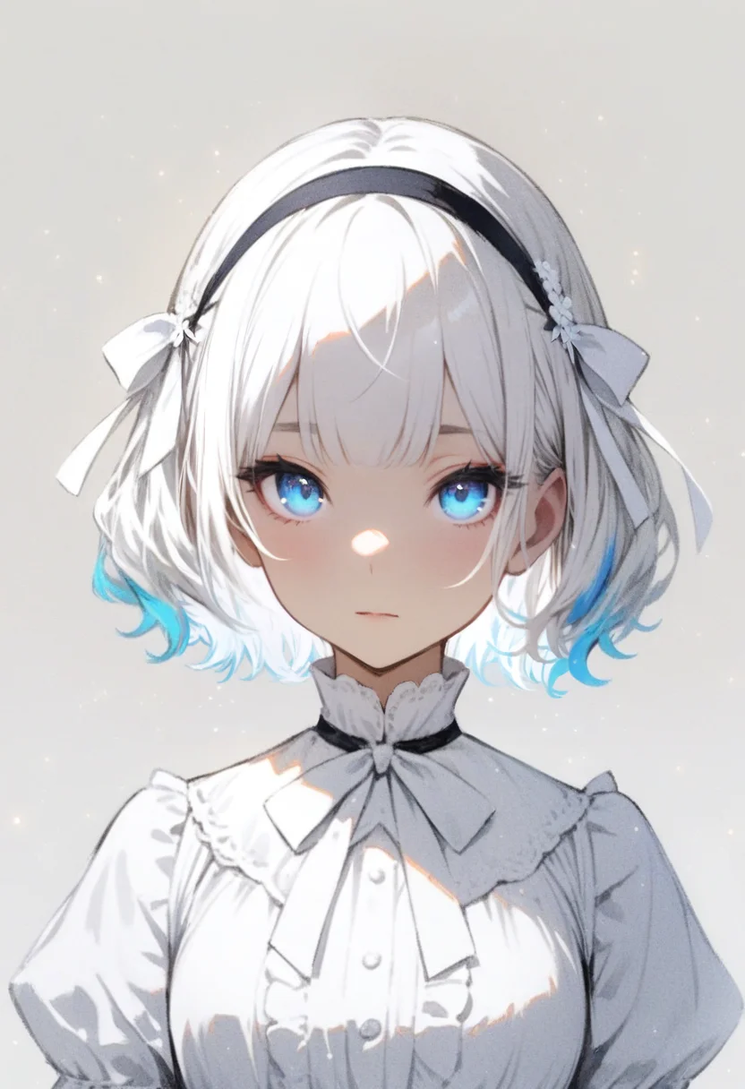 masterpiece, best quality, <lora:RECXL_ANI31_lokr_V43P1NF:0.95>  1girl, solo, blue eyes, short hair, looking at viewer, white hair, white background, bow, upper body, simple background, closed mouth, frills, white bow, ribbon, hair bow, leaf, expressionless, portrait, hairband, blunt bangs, bowtie, dress, white theme, shirt, multicolored hair