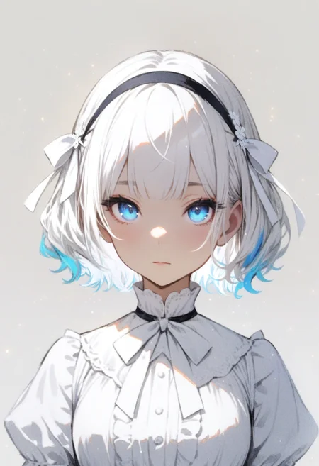 masterpiece, best quality, <lora:RECXL_ANI31_lokr_V43P1NF:0.95> 1girl, solo, blue eyes, short hair, looking at viewer, white hair, white background, bow, upper body, simple background, closed mouth, frills, white bow, ribbon, hair bow, leaf, expressionless, portrait, hairband, blunt bangs, bowtie, dress, white theme, shirt, multicolored hair