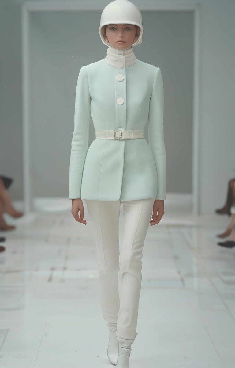 masterpiece,best quality,<lora:tbh321-sdxl:0.9>,illustration,style of Andre Courreges Dior's modern take on feminine tailoring, pastel power suit, minimalist luxury, corporate fashion