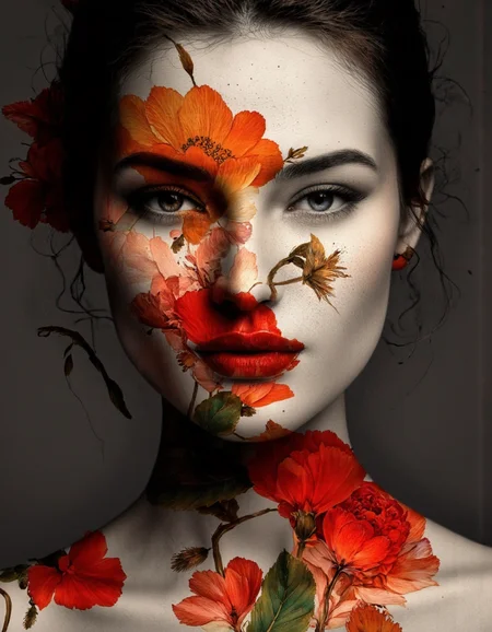 Art by Juan Brufal.
A highly detailed digital painting depicting a close-up portrait of a woman. The subject has fair skin with a natural, lightly freckled complexion. Her eyes are a striking light blue, framed by thick, dark eyebrows. Her lips are full and painted with a bright red lipstick. The woman's hair is dark brown, styled in loose, slightly tousled waves.
The most striking aspect of the image is the use of floral elements as a mask, covering her face and neck. The flowers are rendered in vivid, realistic detail, with petals in shades of red, orange, and pink, and leaves in various greens. The flowers appear to be partially transparent, allowing a glimpse of the woman's skin and hair underneath.
The background is a solid dark gray, which contrasts sharply with the bright colors of the flowers, making them stand out. The lighting in the picture is soft and even, casting a gentle glow on the subject's face and the flowers, highlighting their texture and depth. The overall style of the painting is realistic with a touch of hyperrealism, focusing on minute details and textures, making it appear almost three-dimensional. <lora:Laura_H._Rubin:0.8>