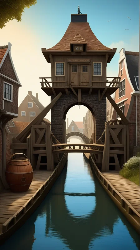 fantasy, archaeology theme, <lora:ExpeditionStyleXL:1> ExpeditionStyle quaint Dutch drawbridge over a canal in a small fishing village
