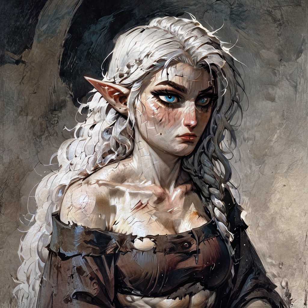 score_9, score_8_up, 
score_9, score_8_up, (((white skin))), (pale skin), (alabaster skin), white hair, blue eyes, muscular, female, fit, visible abs, medium breasts, elf, linen shirt, torn linen shirt, elf ears, pointy ears, pony tail, messy hair, very pale skin, solo female, 1 female, 1 character, completly white skin, pale, white, wavy hair, adult, beautiful, seductive, clothed, masterpiece, fantasy, scar on face, scar on eye, bruised, toga, abs, visible abs, braided hair, medival cloathes, medival, robe, toga