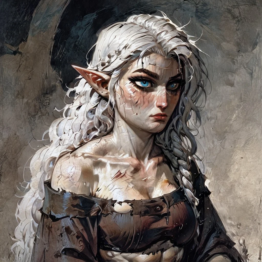 score_9, score_8_up,
score_9, score_8_up, (((white skin))), (pale skin), (alabaster skin), white hair, blue eyes, muscular, female, fit, visible abs, medium breasts, elf, linen shirt, torn linen shirt, elf ears, pointy ears, pony tail, messy hair, very pale skin, solo female, 1 female, 1 character, completly white skin, pale, white, wavy hair, adult, beautiful, seductive, clothed, masterpiece, fantasy, scar on face, scar on eye, bruised, toga, abs, visible abs, braided hair, medival cloathes, medival, robe, toga